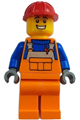 Construction Worker - Male, Orange Overalls with Reflective Stripe and Buckles over Blue Shirt, Orange Legs, Red Construction Helmet, Open Mouth Smile - cty1688