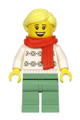 Woman, White Turtleneck Sweater, Sand Green Legs, Bright Light Yellow Hair, Red Scarf - hol216