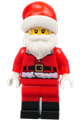 Santa, red legs, black boots fur lined jacket with button and candy cane on back, gray bushy eyebrows - hol246