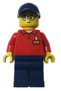 LEGOLAND Park Worker Male with Glasses, Dark Blue Hat, Red Polo Shirt with 'LEGOLAND' on Back and Dark Blue Legs llp016