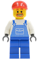 Male with Overalls Striped Blue with Pocket, Blue Legs, Red Short Bill Cap, Beard around Mouth - ovr038