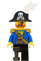 Pirate Captain with bicorne hat with skull and white plume, pearl gold epaulette, blue open jacket, black leg and pearl dark gray peg leg - pi185