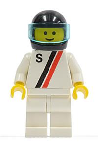 Motor driver/racer with 'S' white with red / black stripe jacket, white legs and black Helmet, Trans-Light Blue Visor s005
