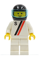 Motor driver/racer with 'S' white with red / black stripe jacket, white legs and black Helmet, Trans-Light Blue Visor - s005