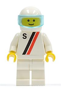 Motor driver/racer with 'S' white with red / black stripe jacket, white legs and white helmet with trans-light blue visor s006