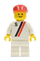 Motor driver/racer with 'S' white with red / black stripe jacket, white legs, and red cap - s008