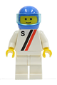 Motor driver/racer with 'S' white with red / black stripe jacket, white legs and blue helmet - s012