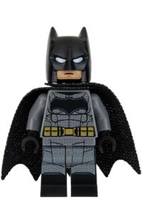 Batman with dark bluish gray suit, gold belt, black hands, large bat logo, printed legs, stubble sh437