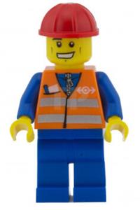 Orange Vest with Safety Stripes - Blue Legs, Cheek Lines and Wide Grin, Red Construction Helmet trn232