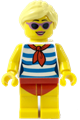 Female with Blond Hair, Medium Lavender Sunglasses, Red Scarf, Blue Striped Shirt, Red Swimsuit (Yellow Ludo) - twn352