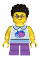 Child - Girl, White Collared Shirt with Fruit, Medium Lavender Short Legs, Dark Brown Short Coiled Hair, Glasses - twn471