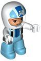 Male Duplo Figure from Lego Ville with medium azure legs, white race top, and a helmet with number 34 pattern - 47394pb315