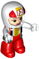 Female Duplo figure in Lego Ville theme with red legs, wearing a white race top and helmet with number 12 pattern - 47394pb316