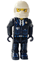 Junior police with black legs, wearing a black jacket, white helmet, and light nougat head - 4j007