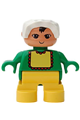 Duplo Figure, Child Type 2 Baby, Yellow Legs, Light Green Top with White Bib with Dark Pink Lace, White Bonnet - 6453pb052