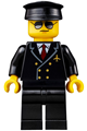Pilot minifigure in an airport attire with black legs, red tie with 6 buttons, black hat, and black and silver sunglasses - air055