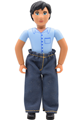 Male Belville figure with black hair, wearing blue shorts and a shirt with buttons & pocket pattern, also pants - belvmale4a