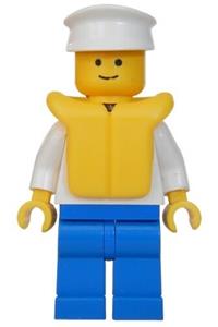 Boat Worker Minifigure - Minifigure with a torso having an anchor design, blue legs, white construction helmet, and a life jacket - boat006