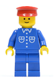 Minifigure with a blue shirt with 6 buttons, blue legs, and a red hat - but020