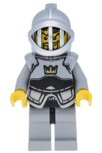Crown Knight Minifigure - Crown Knight from Fantasy Era with scale mail, crown, breastplate, grille helmet, curly eyebrows, and goatee - cas419