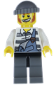Prison inmate police minifigure with torn overalls over prison stripes, dark bluish gray legs, and a knit cap - col283