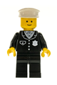 Police minifigure in a suit with 4 buttons, wearing black legs and a white hat - cop001