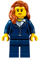 Female businesswoman in dark blue pants suit, with peach lips and dark orange hair over shoulder - cty0691