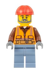 Airport Worker Minifigure - Male airport worker with an orange safety vest, reflective stripes, reddish brown shirt, sand blue legs, red construction helmet, and dark bluish gray beard - cty1602