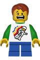 Minifigure with classic space design, dark orange tousled hair and blue short legs, known for floating pattern - hol056