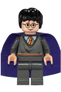 Harry Potter with a Gryffindor stripe torso, dark bluish gray legs, and a violet cape hp051