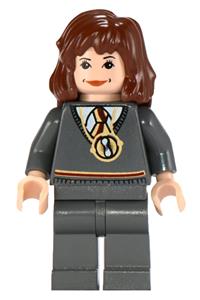 Hermione Granger with Gryffindor stripe torso and Time Turner necklace, dark bluish gray legs, and a plain black cape hp063