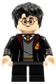 A Harry Potter minifigure wearing a Gryffindor robe, sweater, shirt, tie, and black short legs - hp314