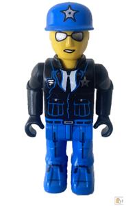 Junior-Figure police officer with blue legs, a black jacket, a blue cap with a star, and sunglasses. js012