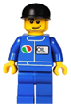 Minifigure with an Octan logo, wearing a black cap, blue legs, and a smirk with stubble beard - oct060