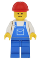 Minifigure wearing blue overalls with a pocket, paired with blue legs and a red construction helmet - ovr001
