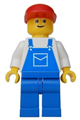 Minifigure wearing blue overalls with a pocket, blue legs, and a red cap - ovr003