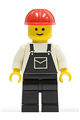Minifigure with black overalls with a pocket, black legs, and a red construction helmet - ovr007