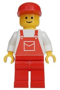 Male with Red Overalls Minifigure - Minifigure wearing red overalls with a pocket, red legs, and a red cap - ovr008