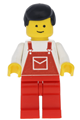 Male minifigure with black hair wearing red overalls with a pocket and red legs - ovr010