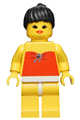 Minifigure wearing a red halter top with yellow legs and black ponytail hair - par009