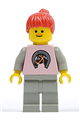 Paradisa minifigure with a horse logo, light gray legs, and red ponytail hair - par015