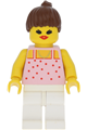 Minifigure with red dots on pink shirt, white legs, and brown ponytail hair - par016