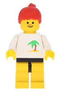 Girl with Palm Tree Shirt - Minifigure with yellow legs and red ponytail hair, resembling a palm tree - par019