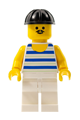Paradisa male minifigure with blue/white stripes, wearing a black construction helmet and white legs - par026