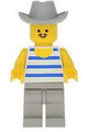 Minifigure with horizontal blue/white stripes, light gray legs, and a light gray cowboy hat - par028