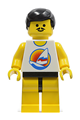Male Paradisa minifigure with brown male hair, yellow legs, and wearing a life jacket on a surfboard in the ocean - par032