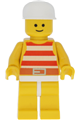 Minifigure with red and white stripes shirt, yellow legs, and a white cap - par034