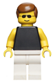 Minifigure with a plain black torso and yellow arms, white legs, sunglasses, and brown male hair - par035