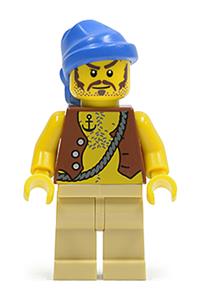 Pirate Minifigure - Pirate with a brown moustache wearing a blue bandana, vest with anchor tattoo, and tan legs - pi093