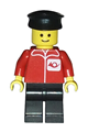 Minifigure with black legs and a black hat, designed as a postal worker - post001